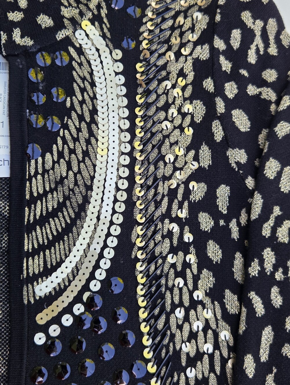 NWT Chico's Cardigan Sweater Black & Gold Sequin Metallic Open Front Size-1(M) - Picture 5 of 14